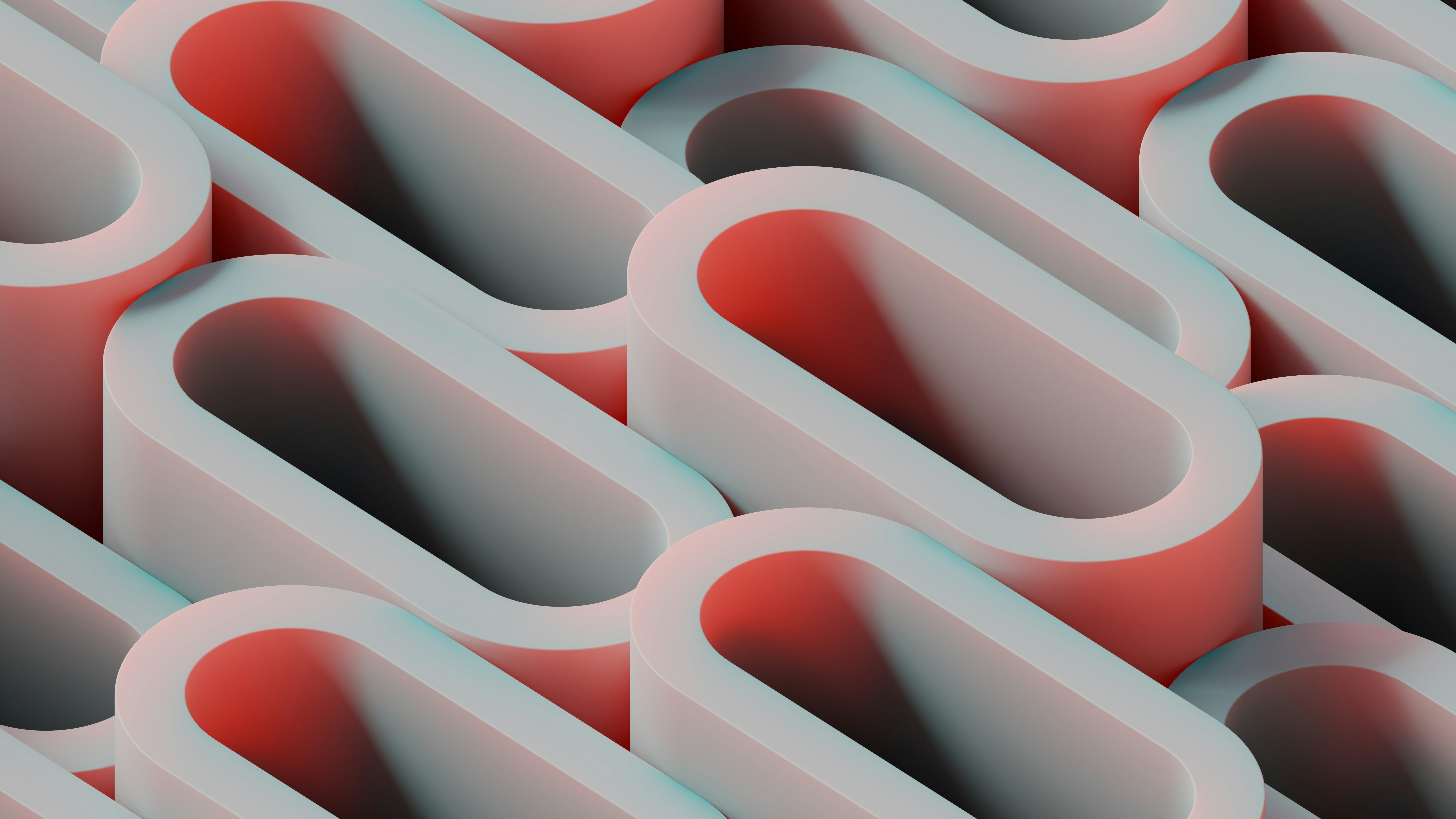 Composição tridimensional em vermelho, branco e preto representando experimentação visual
